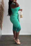 Light Green Sexy Solid Tassel O Neck Sleeveless Two Pieces