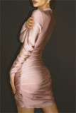 Pink Casual Solid Patchwork Fold V Neck Long Sleeve Dresses
