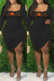 Tangerine Red Sexy Casual Print Draw String Frenulum O Neck Long Sleeve Dresses