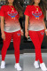 Red Casual Gradual Change Print Basic O Neck Short Sleeve Two Pieces