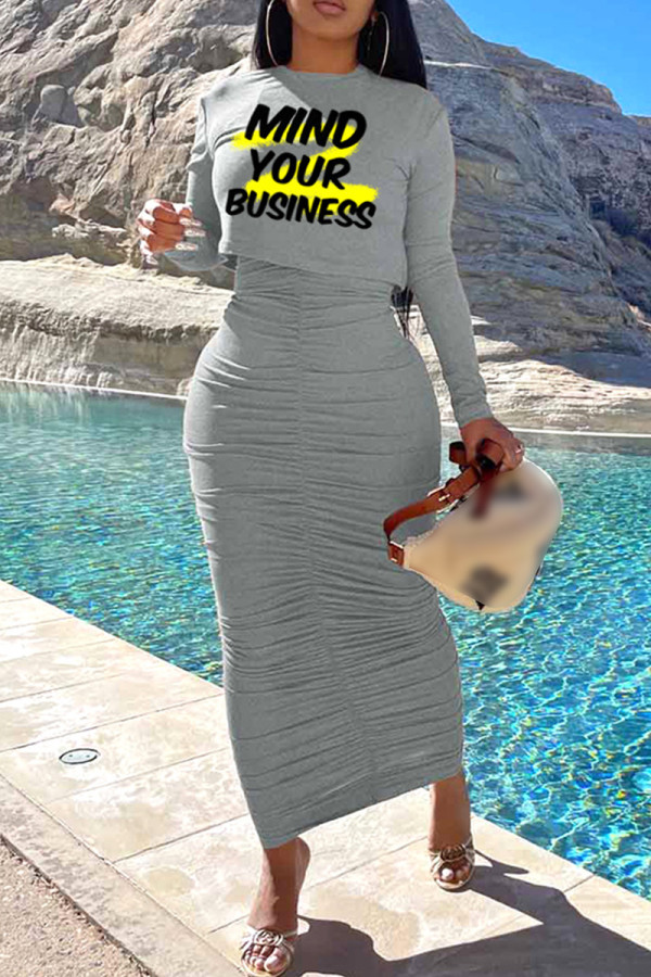 Grey Casual Letter Print Fold O Neck Long Sleeve Two Pieces