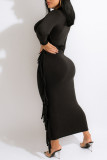Orange Casual Print Tassel Patchwork O Neck Long Sleeve Dresses