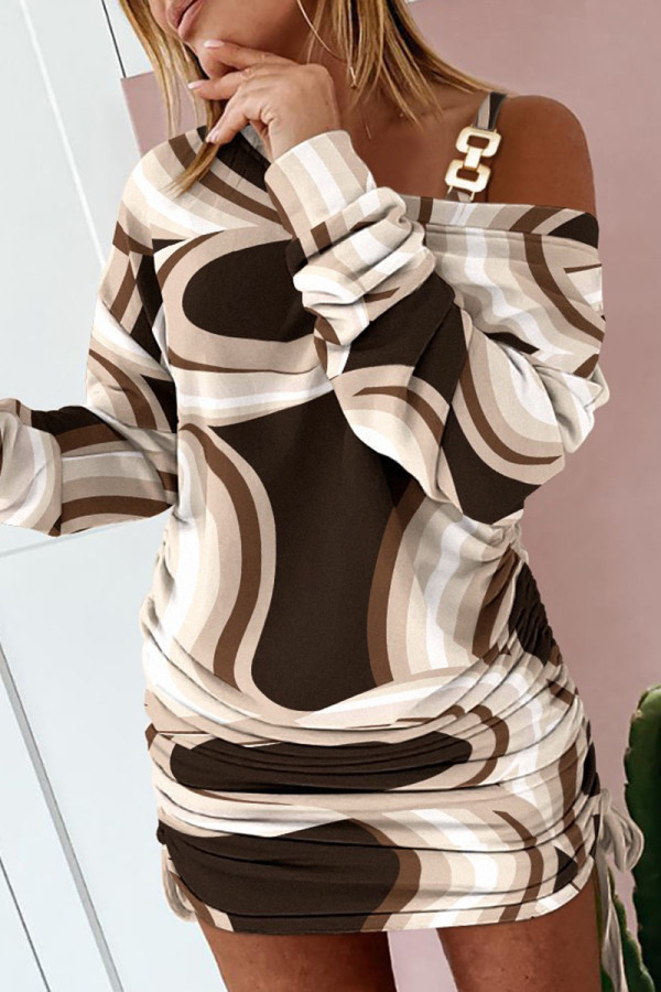 Multicolor Casual Print Patchwork Oblique Collar Long Sleeve Dresses