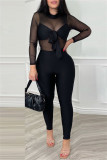 Black Sexy Solid Patchwork See-through O Neck Skinny Jumpsuits