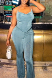 Blue Sexy Solid Patchwork Halter Sleeveless Two Pieces
