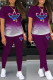 Purple Casual Gradual Change Print Basic O Neck Short Sleeve Two Pieces