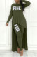 Army Green Casual Letter Print Asymmetrical O Neck Long Sleeve Two Pieces