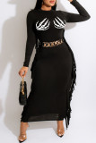 Green Casual Print Tassel Patchwork O Neck Long Sleeve Dresses