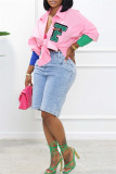 Pink Casual Letter Print Patchwork Shirt Collar Tops