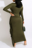 Orange Casual Print Tassel Patchwork O Neck Long Sleeve Dresses