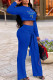 Blue Casual Print Patchwork Frenulum O Neck Long Sleeve Two Pieces