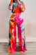 Red Street Patchwork Tie-dye O Neck Long Sleeve Two Pieces