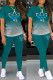Green Casual Gradual Change Print Basic O Neck Short Sleeve Two Pieces