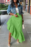 Green Casual Solid Patchwork Asymmetrical Regular High Waist Skirts