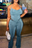 Blue Sexy Solid Patchwork Halter Sleeveless Two Pieces
