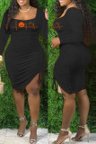 Tangerine Red Sexy Casual Print Draw String Frenulum O Neck Long Sleeve Dresses