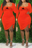 Tangerine Red Sexy Casual Print Draw String Frenulum O Neck Long Sleeve Dresses