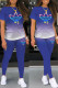 Blue Casual Gradual Change Print Basic O Neck Short Sleeve Two Pieces