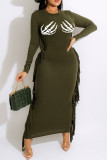 Green Casual Print Tassel Patchwork O Neck Long Sleeve Dresses