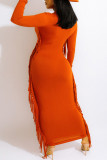 Orange Casual Print Tassel Patchwork O Neck Long Sleeve Dresses