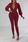 Coffee Sexy Solid Sequins Zipper Collar Skinny Jumpsuits