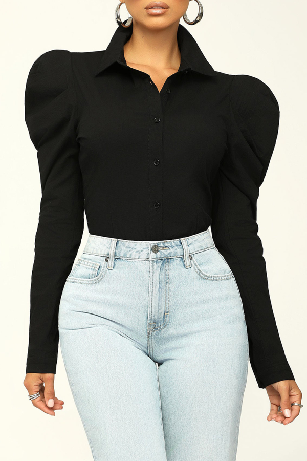 Black Street Solid Patchwork Turndown Collar Tops