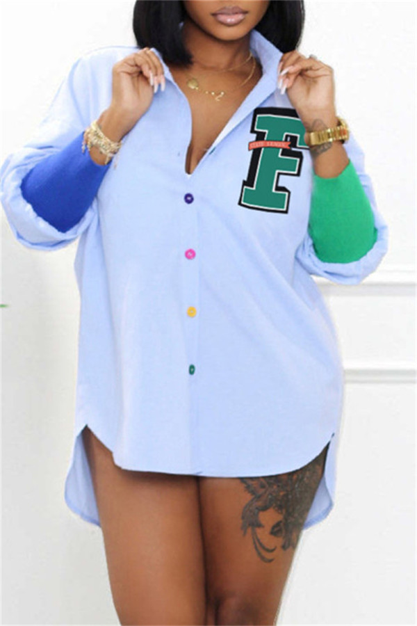 Light Blue Casual Letter Print Patchwork Shirt Collar Tops