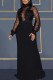 Black Sexy Patchwork See-through Slit Turtleneck Long Sleeve Dresses