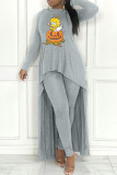 Grey Casual Cartoon Print Patchwork Asymmetrical O Neck Long Sleeve Two Pieces