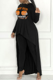 Grey Casual Print Patchwork Asymmetrical O Neck Long Sleeve Two Pieces