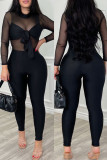 Black Sexy Solid Patchwork See-through O Neck Skinny Jumpsuits