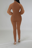 Coffee Sexy Solid Sequins Zipper Collar Skinny Jumpsuits