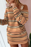 Multicolor Casual Print Patchwork Oblique Collar Long Sleeve Dresses