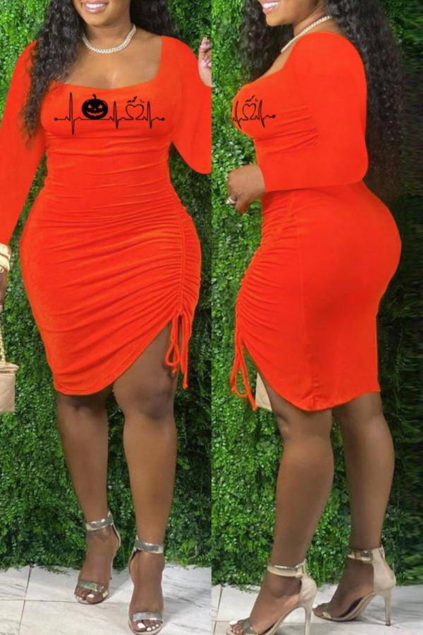 Tangerine Red Sexy Casual Print Draw String Frenulum O Neck Long Sleeve Dresses