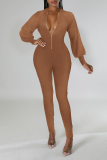 Coffee Sexy Solid Sequins Zipper Collar Skinny Jumpsuits