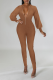 Coffee Sexy Solid Sequins Zipper Collar Skinny Jumpsuits