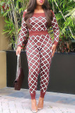 Brown Casual Print Patchwork Off the Shoulder Long Sleeve Two Pieces