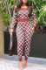 Brown Casual Print Patchwork Off the Shoulder Long Sleeve Two Pieces