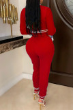 Red Casual Solid Patchwork O Neck Long Sleeve Two Pieces