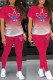 Rose Red Casual Gradual Change Print Basic O Neck Short Sleeve Two Pieces
