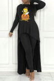 Grey Casual Cartoon Print Patchwork Asymmetrical O Neck Long Sleeve Two Pieces