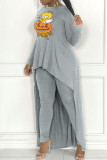 Grey Casual Cartoon Print Patchwork Asymmetrical O Neck Long Sleeve Two Pieces