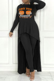 Grey Casual Print Patchwork Asymmetrical O Neck Long Sleeve Two Pieces