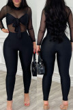 Black Sexy Solid Patchwork See-through O Neck Skinny Jumpsuits