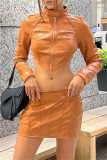 Orange Sexy Casual Solid Patchwork Turtleneck Long Sleeve Two Pieces