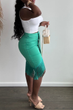 Light Green Sexy Solid Tassel O Neck Sleeveless Two Pieces