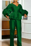 Ink Green Casual Solid Patchwork V Neck Regular Jumpsuits