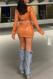 Orange Sexy Casual Solid Patchwork Turtleneck Long Sleeve Two Pieces