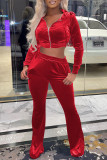 Red Casual Daily Solid Patchwork Hooded Collar Long Sleeve Two Pieces