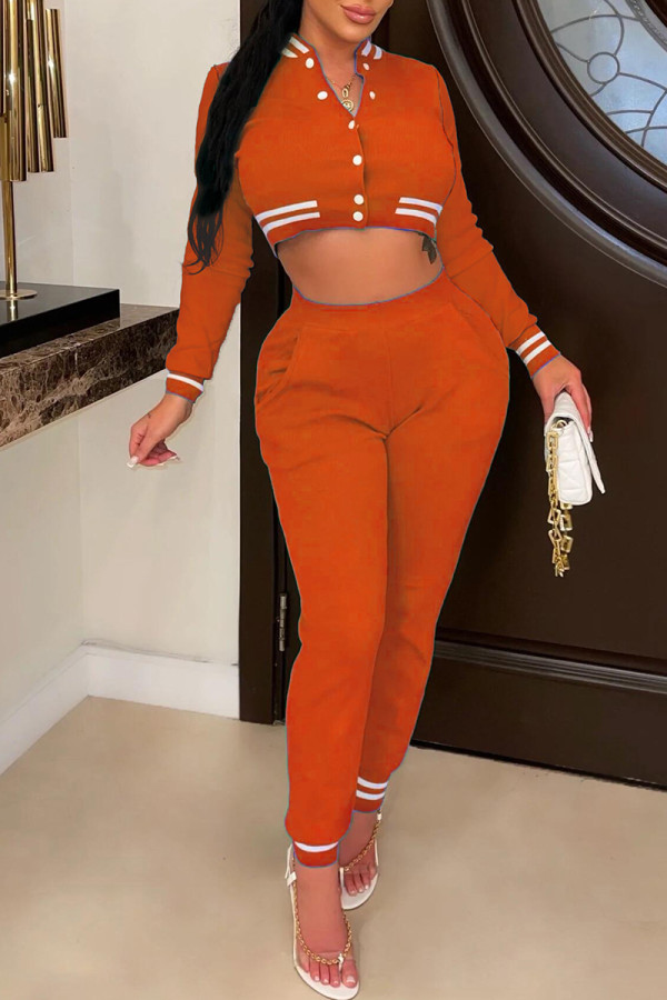 Orange Casual Solid Patchwork O Neck Long Sleeve Two Pieces